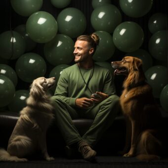 Man smiling with 2 dogs looking adoringly at him